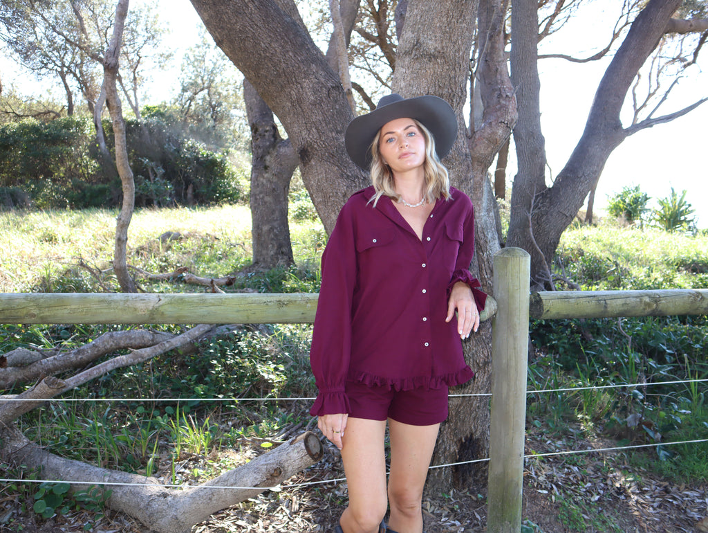 Sadie Frill Shirt | Cranberry Linen ~ PRE ORDER