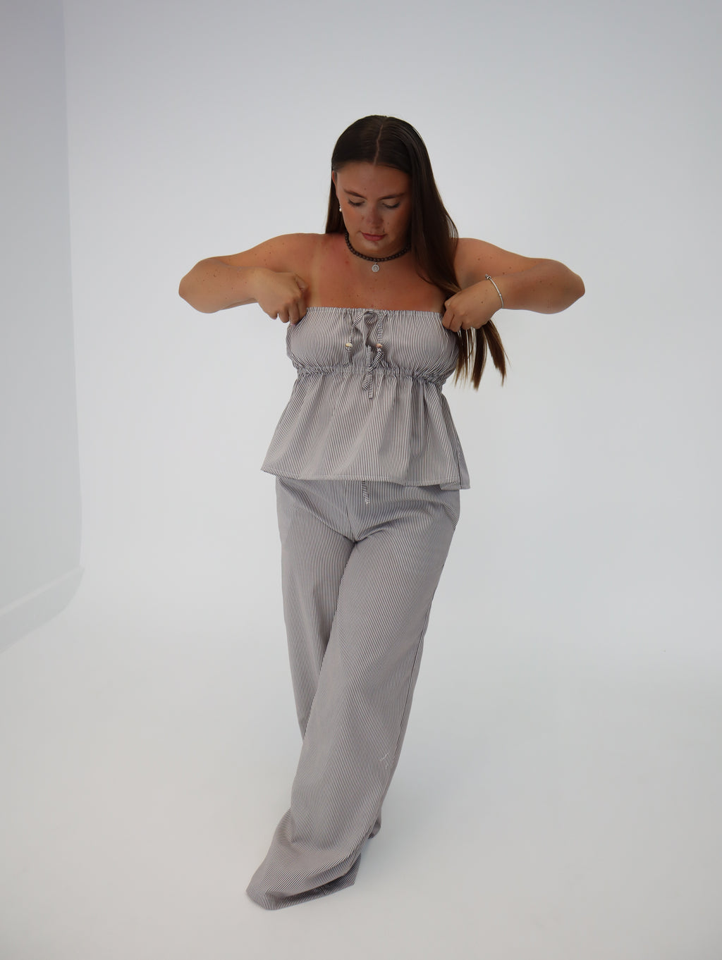 Honey Strapless top | Chocolate Pinstripe